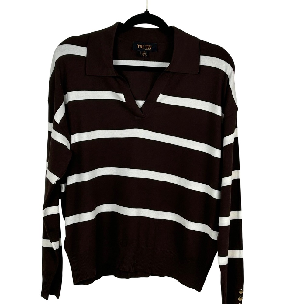 TRUTH‎ by Republic Brown White Striped Collared Lightweight Sweater L G